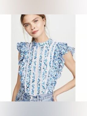 Veronica Beard Blue Floral Ruffled Lace-Trim Sleeveless Top